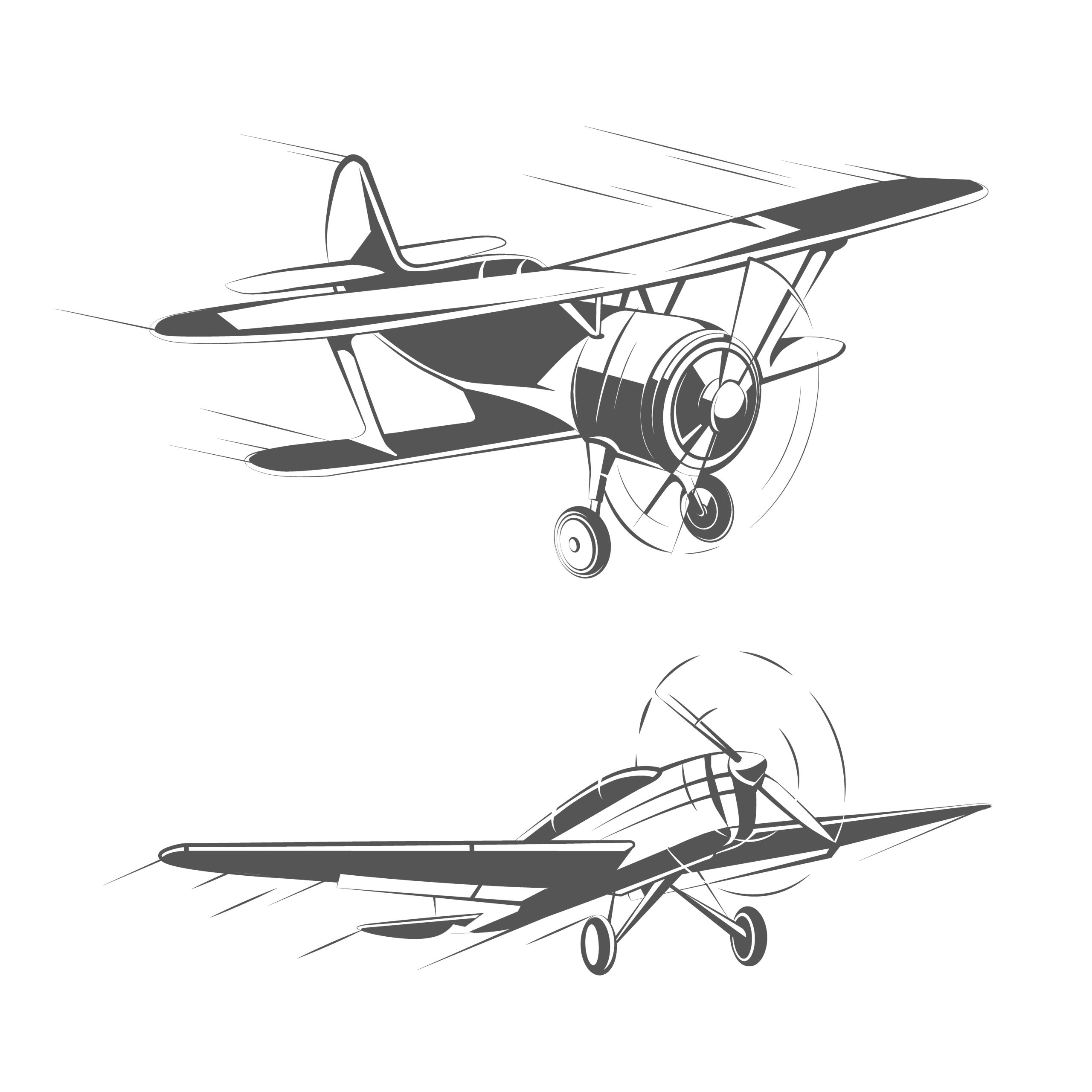 Biplane and monoplane aircrafts for vintage emblems, badges logos vector set Biplane and monoplane aircrafts for vintage emblems, badges and logos vector set. Aviation airplane transportation illustration